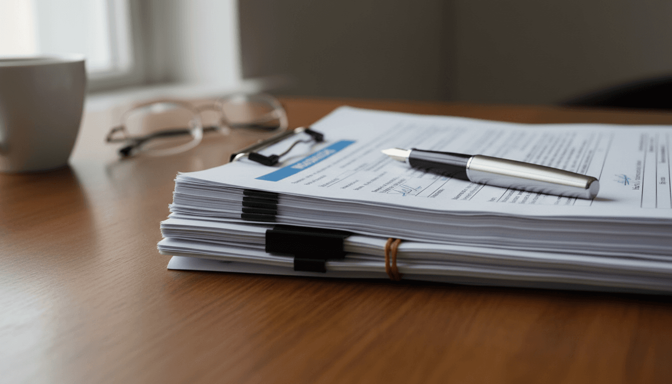 Insurance paperwork organized on office desk