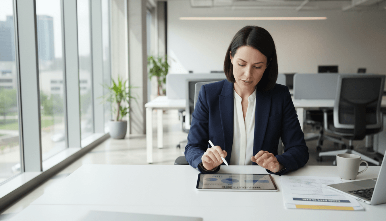 Professional insurance agent reviewing policy documents on a tablet in a bright office.