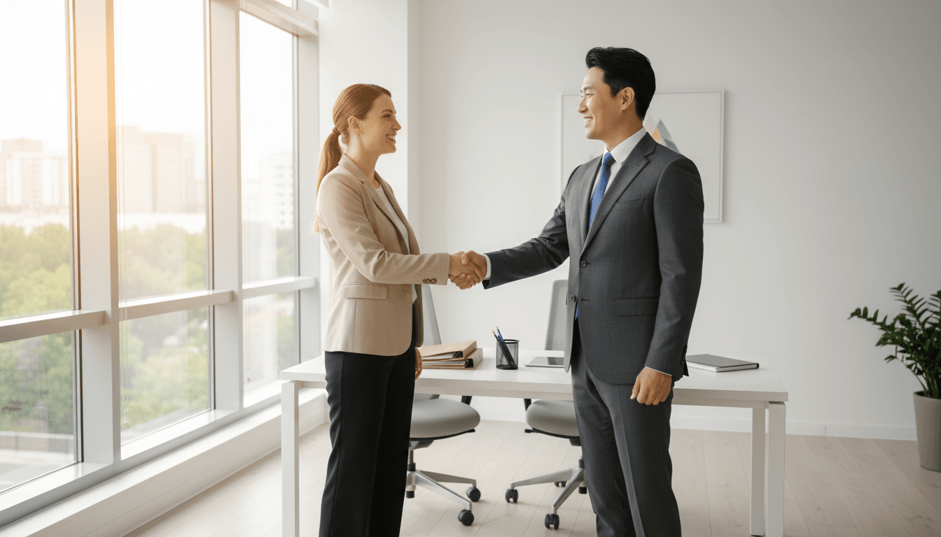 Insurance agent and client shaking hands in a bright, modern office