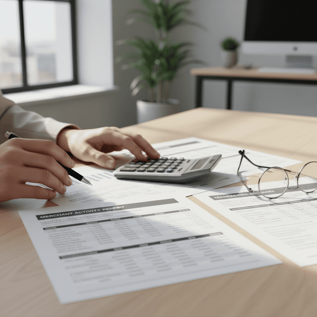 Small business owner reviewing paperwork at a desk