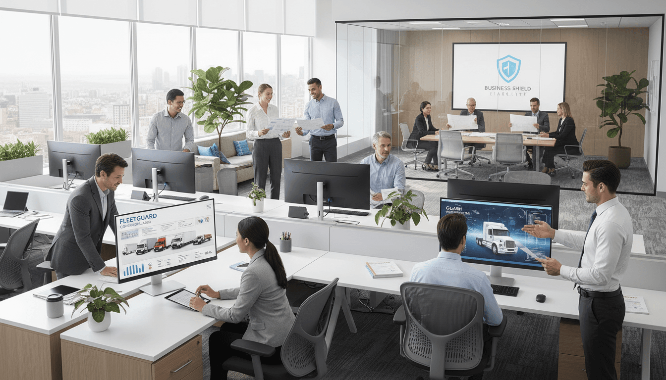 Insurance agent on the phone at a modern office desk