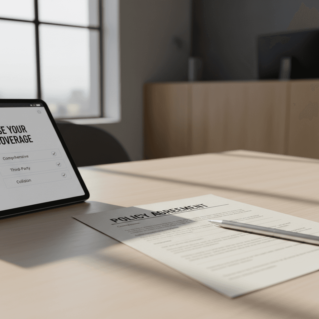 Insurance policy documents stacked on a desk with a pen