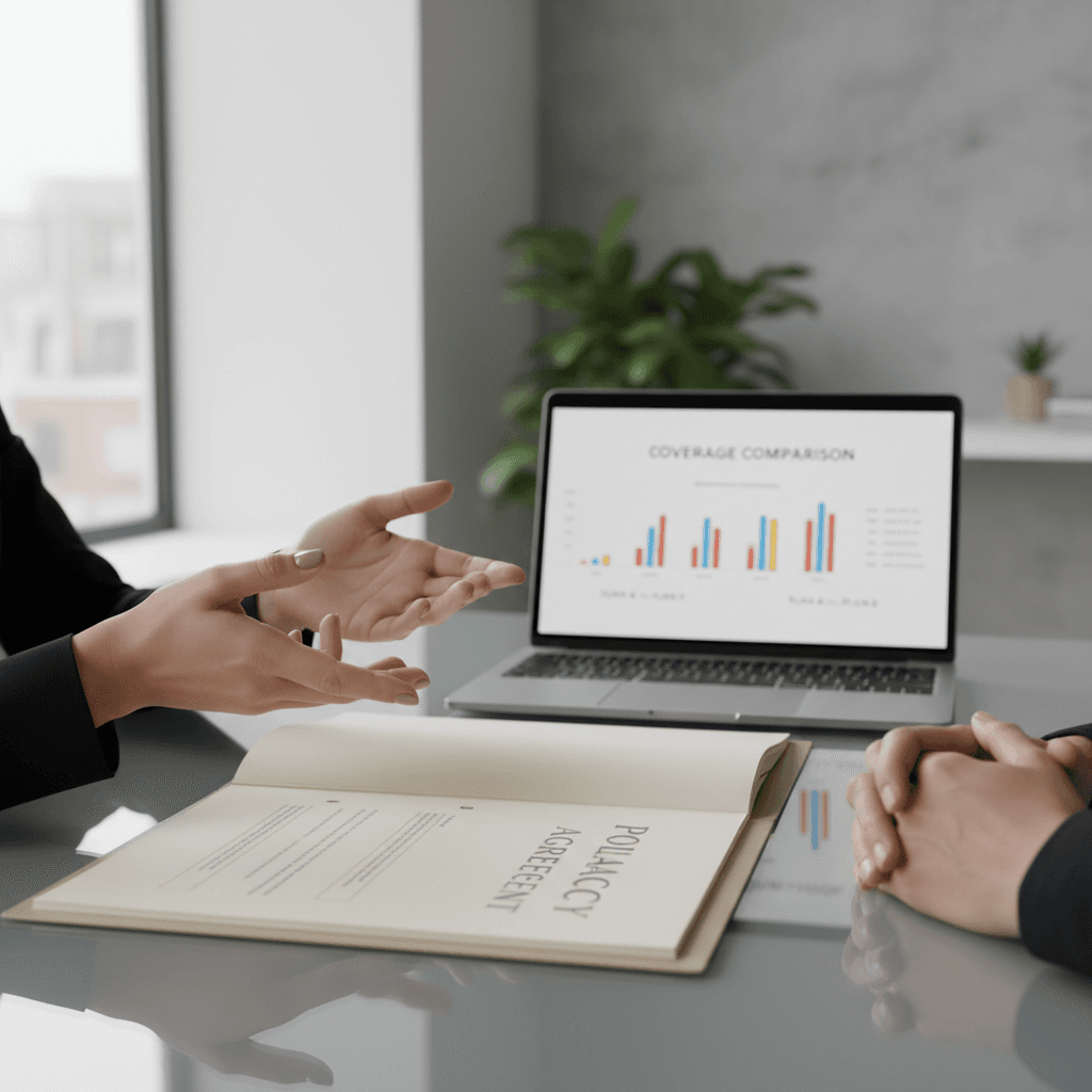 Insurance agent reviewing policy documents with client in bright modern office