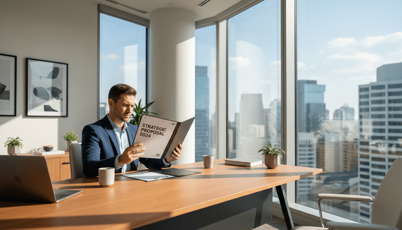 Insurance professional reviewing a policy document in a clean, well-lit office