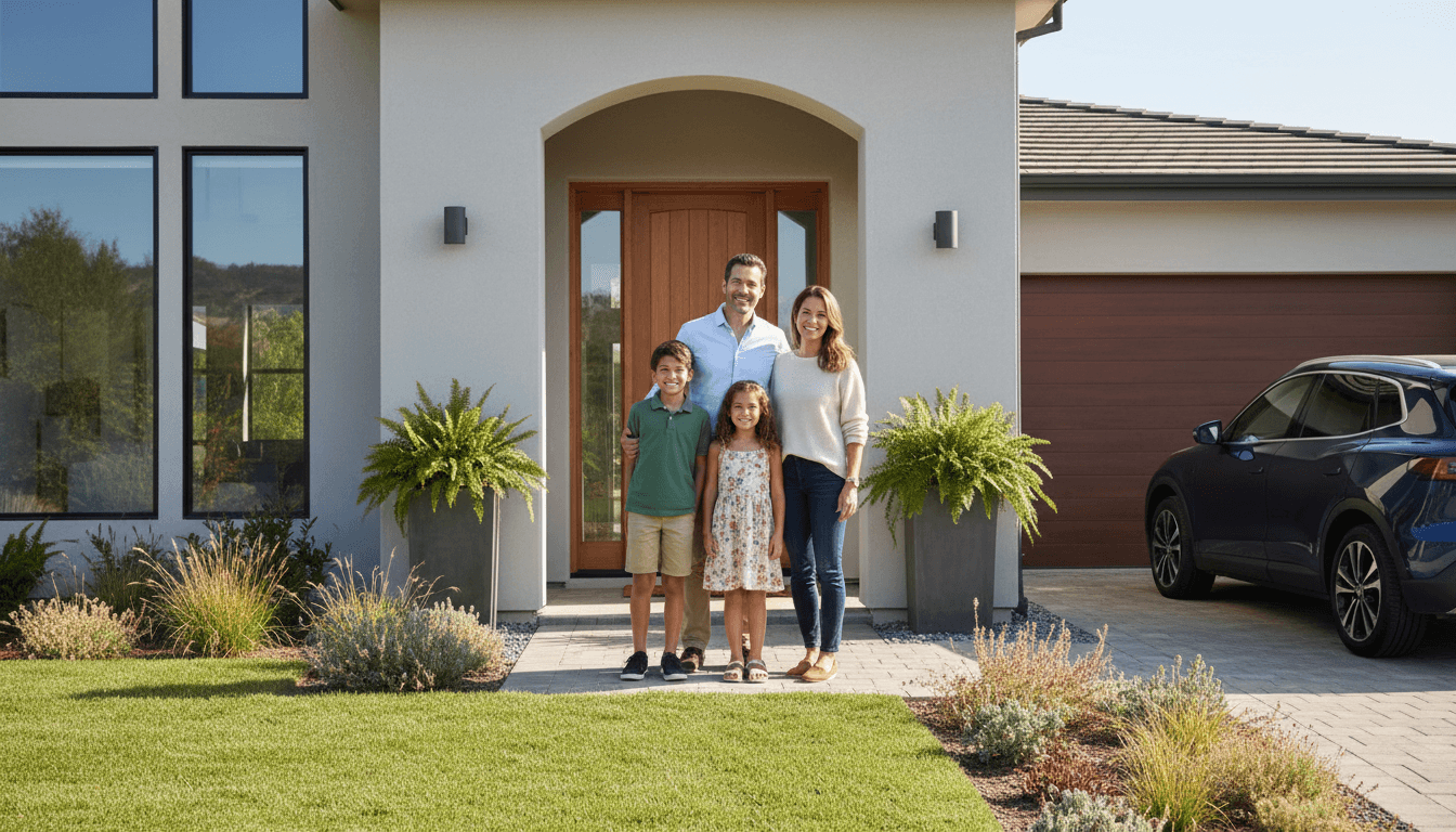 family walking up driveway to front door