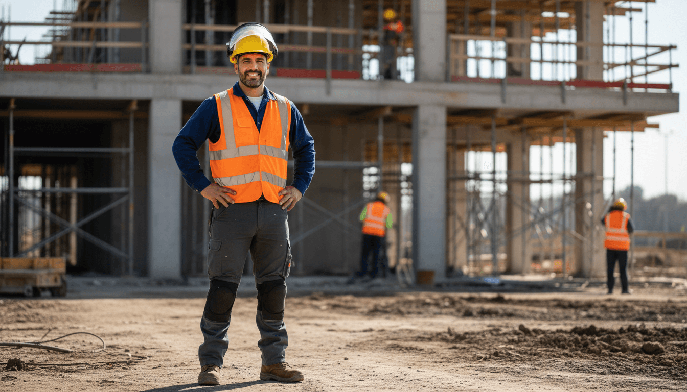 Workers in safety vests reviewing documents at a construction site