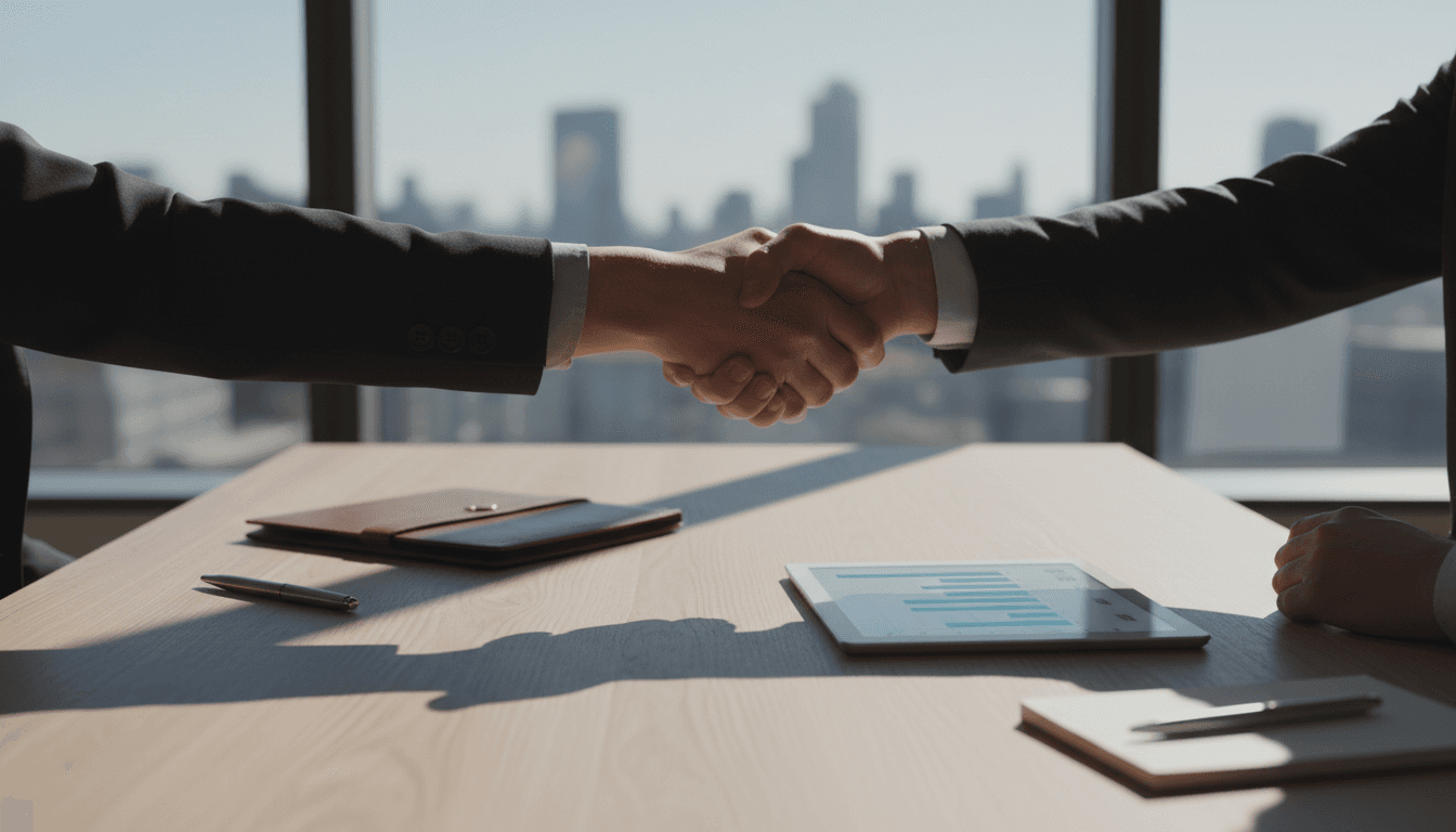 Business owner shaking hands with a client outside a store