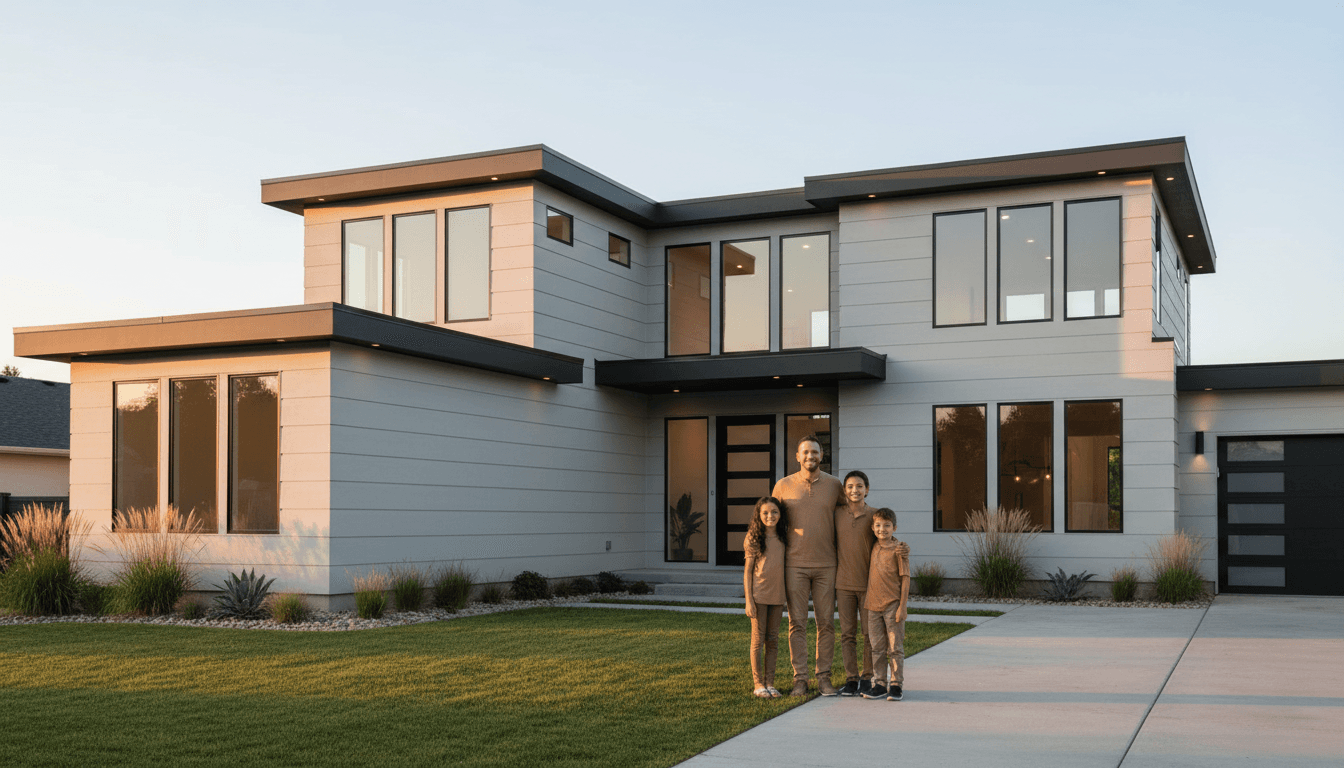 modern suburban house with white exterior and green lawn